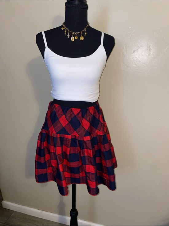 None Dresses & Skirts - Red & Navy Plaid Tiered Skater Skirt - Women